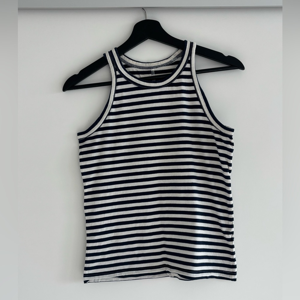 Everlane Navy Blue and White Striped Cotton Tank Top